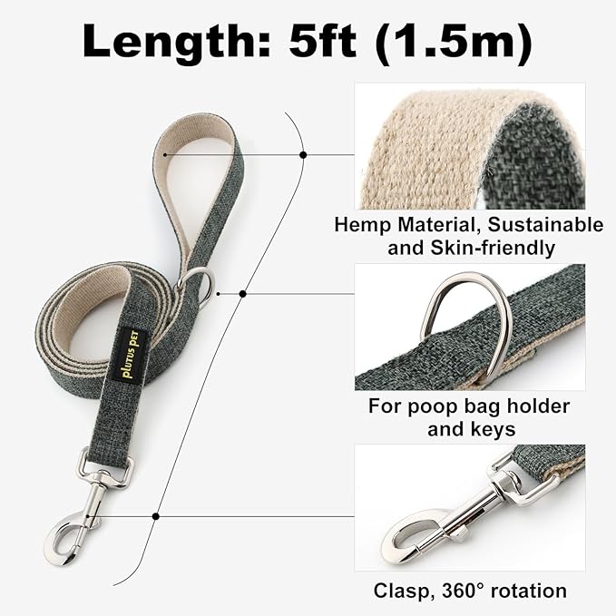 Plutus Pet Cotton Hemp Dog Collar and Leash Set, Adjustable Collar for Small, Medium, and Large Dogs, Heavy Duty and Soft on Skin, Gray, S