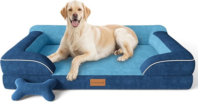 CWAWZ Jumbo Dog Bed for Extra Large Dogs, Orthopedic Dog Bed with Cooling Gel Memory Foam, Waterproof Pet Bed with Removable Washable Cover, 45" Pet Sofa Couch Dutch Velvet with Bone Toy, Navy Blue