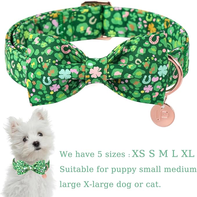 St. Patrick's Day Dog Collar with Bow Tie, Cotton St. Patrick's Day Bowtie Collar for Girl Boy Dog, Lucky Shamrock Dogs Collars with Metal Buckle, Spring, L, Neck 16-24in