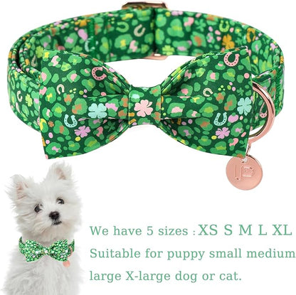 St. Patrick's Day Dog Collar with Bow Tie, Cotton St. Patrick's Day Bowtie Collar for Girl Boy Dog, Lucky Shamrock Dogs Collars with Metal Buckle, Spring, L, Neck 16-24in