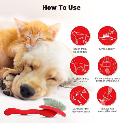 Dog Slicker Brush & Stainless Steel Comb Set for Shedding & Grooming Medium & Large Long or Thick Coated Dogs, Doodles & Cats, 1 Inch Pin Slicker Brush with Ergonomic Wooden Handle, Red