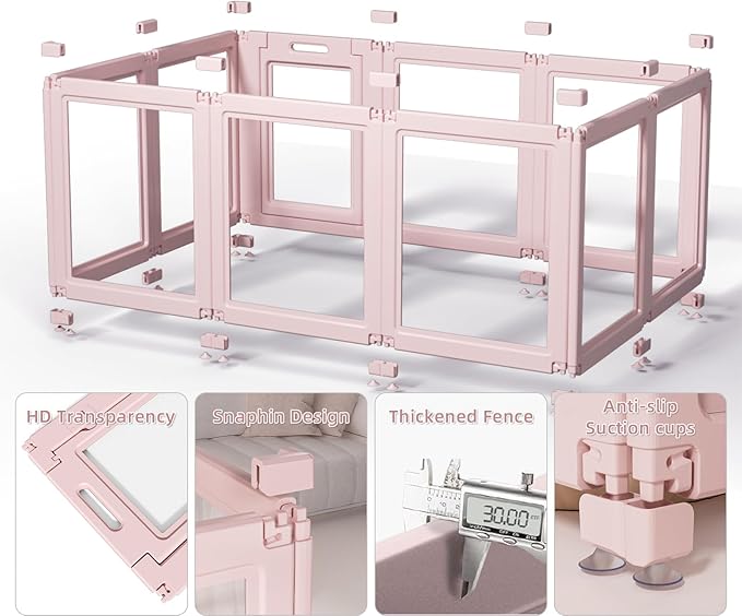 LoveTail DIY Clear Acrylic Dog Playpen House,Quick Easy Assembly and Disassembly,Strong Floor Suction,Indoor and Outdoor Use,Easy Cleansing Puppy Fence (Skin Pink, 30.3" H, 10PCS)