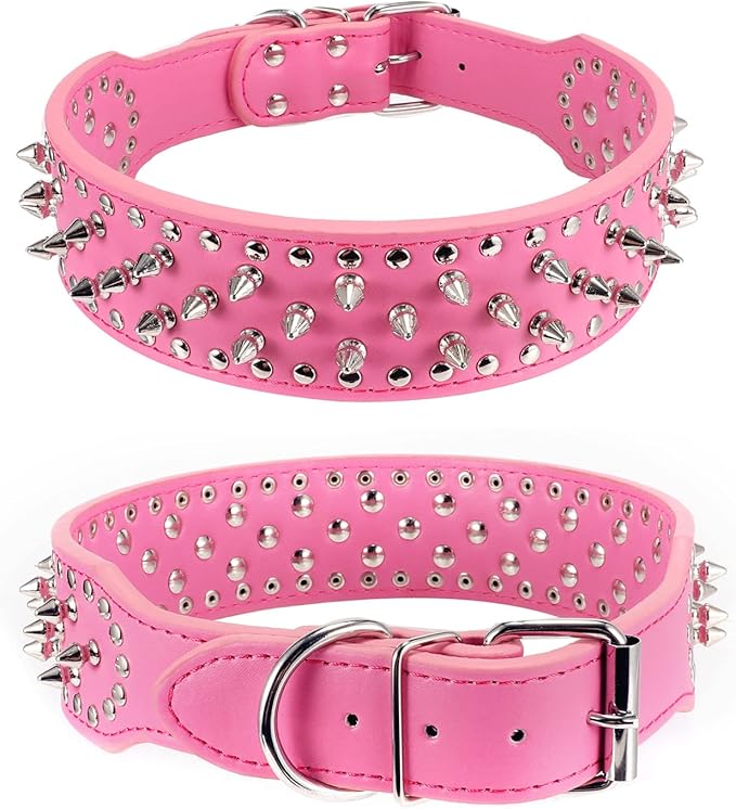 Hoot PU Leather Adjustable Spiked Studded Dog Collar 2" Wide 37 Spikes (M(Neck 19"-22"), Rose Red)