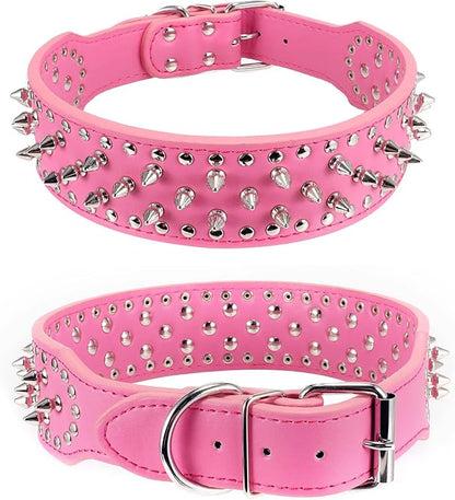 Hoot PU Leather Adjustable Spiked Studded Dog Collar 2" Wide 37 Spikes (M(Neck 19"-22"), Rose Red)