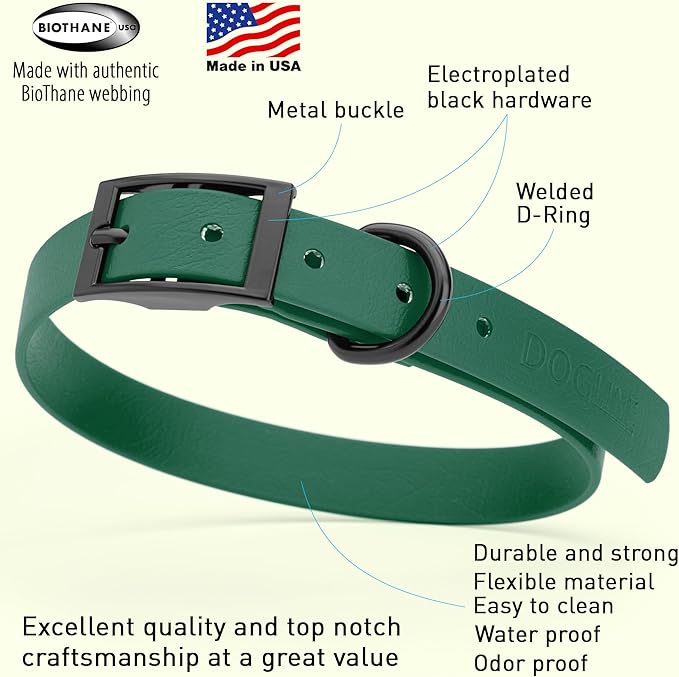 Dogline Biothane Waterproof Dog Collar Strong Coated Nylon Webbing with Black Hardware Odor- Proof for Easy Care Easy to Clean High Performance Fits Small Medium or Large Dogs, Hunter Green
