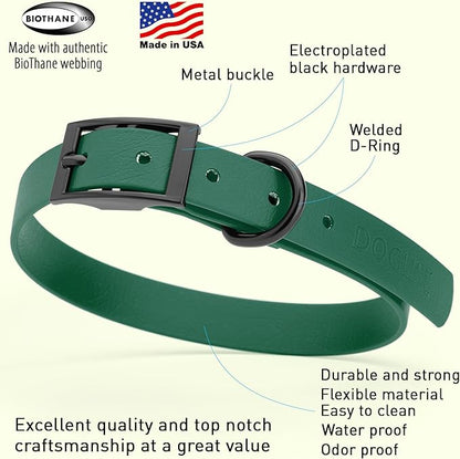 Dogline Biothane Waterproof Dog Collar Strong Coated Nylon Webbing with Black Hardware Odor- Proof for Easy Care Easy to Clean High Performance Fits Small Medium or Large Dogs, Hunter Green