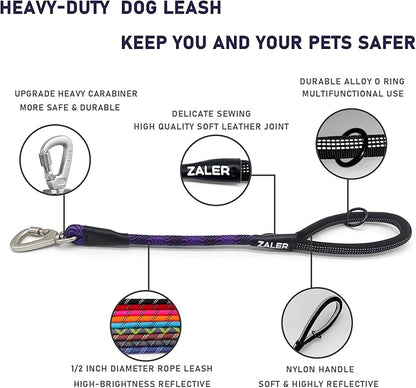 ZALER Short Dog Leash, 26 Inches Rope Traffic Leashes for Dogs, Reflective Dog Lead with O-Ring, Heavy Duty Pet Leash for Large and Medium Dogs (26'' Black Purple)