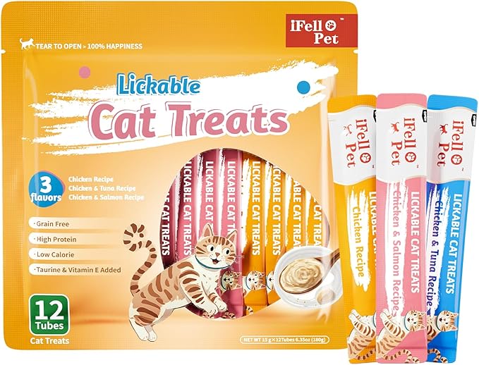 IFELLO PET Cat Treats Lickable, Variety Pack - Lickable Cat Treats Squeeze Up, with Tuna, Salmon, Chicken Flavor, Grain-Free for Skin & Coat Support, 0.53 oz(Pack of 12)