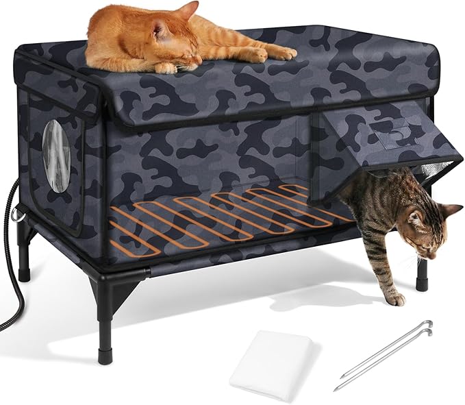 Heated Cat House for Outside,Dual Camera Mounts,100% Weatherproof & Extremely Insulated,Elevated Feral Cat Shelter with Escape Door,Waterproof Eaves for Outdoor Stray Barn Cat(Dark Camo,M)