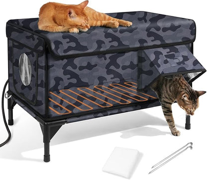 Heated Cat House for Outside,Dual Camera Mounts,100% Weatherproof & Extremely Insulated,Elevated Feral Cat Shelter with Escape Door,Waterproof Eaves for Outdoor Stray Barn Cat(Dark Camo,M)