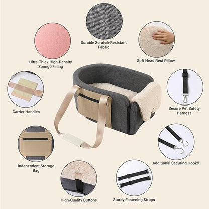 Cathpetic Console Dog Car Seat Cat Carrier - Pet Car Booster Seat on Cars' Armrest Travel Bags for Cats Dogs with Easy Carrying Strap Dog Travel Carrier with Safety Tethers