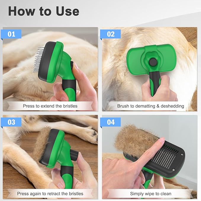 Dipoo Self Cleaning Deshedding Brush for Dogs & Cats - Skin Friendly Grooming Tool with Hair Removal for Haired Pets, Green