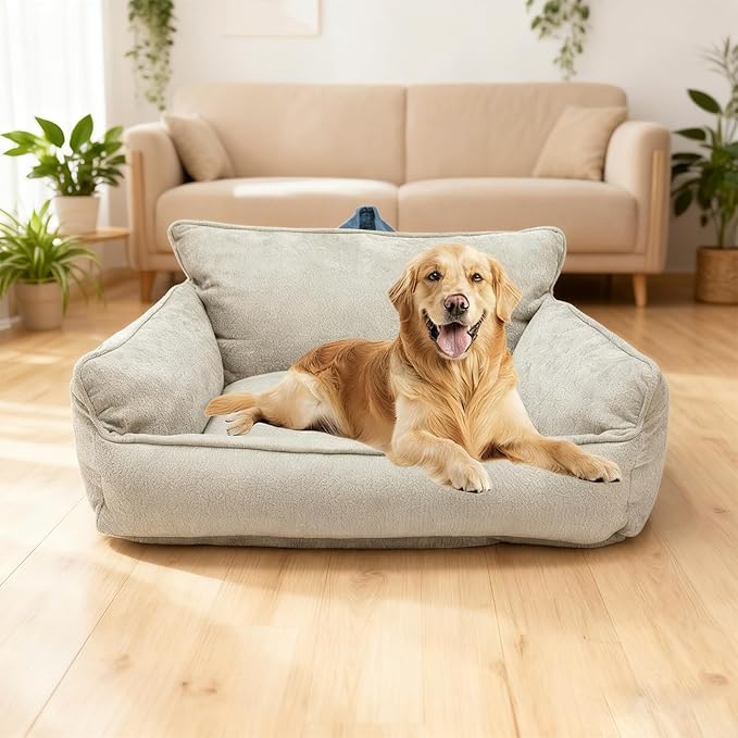RAFASAFA Large Orthopedic Dog Sofa Bed with Sides, Carry Handle & Side Pockets .Plush Chenille Orthopedic Pet Bed Couch for Large Dogs.Portable Snuggler for Indoor Use, Travel & Recovery (Light Grey)