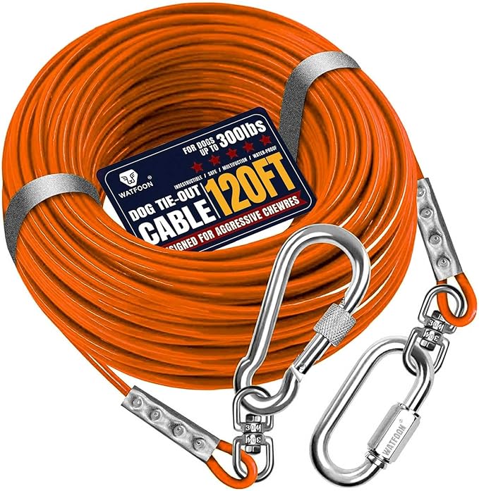 Tie Out Cable for Dogs Up to 300lbs, 120ft Extra Strong 1000lbs Break Strength Tie-Out Tether Trolley Training Lead,Dog Run Cable for Yard Garden Park Camping Outside (Orange, 300lbs 120ft)