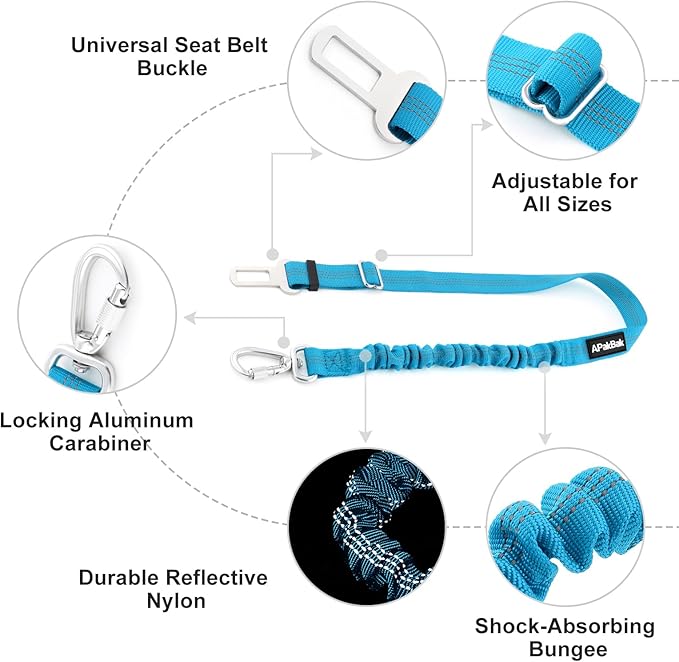 APakBak Dog Seat Belt for Car, Adjustable Dog Car Harness Seatbelt for Small Medium Large Dogs, Heavy Duty Travel Safety Restraint with Locking Aluminum Hook & Reflective Nylon Strap, Light Blue