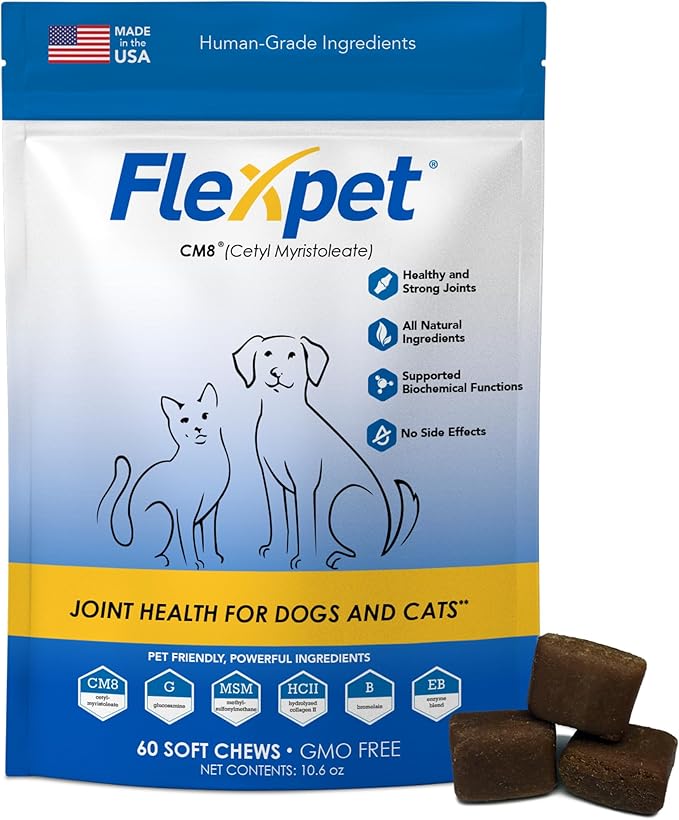 Hip & Joint Supplement for Dogs & Cats with Cetyl Myristoleate, Glucosamine, Collagen, MSM - Max Strength Joint Support for Mobility, Senior Pets, Large Breeds - 60 Soft Chews (Bacon/Cheese)