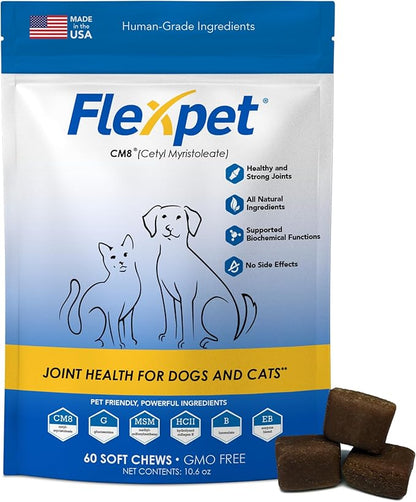 Hip & Joint Supplement for Dogs & Cats with Cetyl Myristoleate, Glucosamine, Collagen, MSM - Max Strength Joint Support for Mobility, Senior Pets, Large Breeds - 60 Soft Chews (Bacon/Cheese)