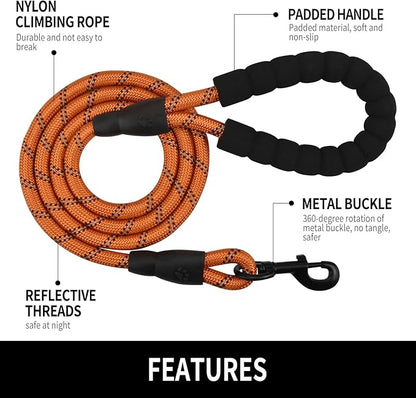Panykoo 5/6 FT Strong Pet Dog Leash with Soft Padded Handle,Highly Reflective Rope for Night Walking,360-Degree Rotating Metal Buckle Without Tangles,Suitable for Small,Medium and Large Dogs.(5ft)