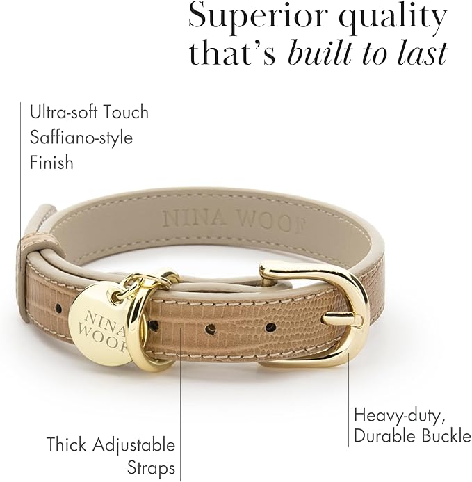 NINA WOOF Milan Vegan Leather Dog Collar - Padded Luxury Collar with Adjustable Buckle - Small to Large Dogs - Beige