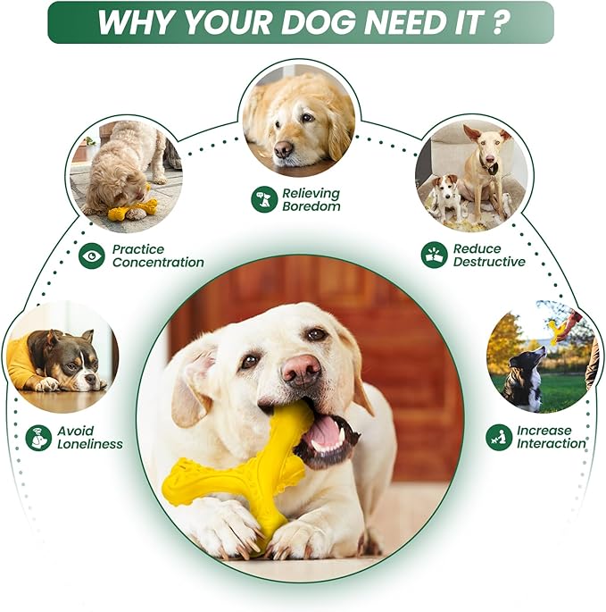 CVALIN Dog Chew Toys for Aggressive Chewers Large Breed,Indestructible Bones Toy，Durable Cleaning Toothbrush Natural Rubber Dog Toys… (Yellow)