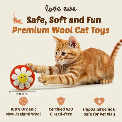 Hustle & Blush Love Ewe Felted Cat Toys 3 Pack - 2 Inch Flower & Bee Hand Made Cute & Fun Design Kitten Wool Felt Balls for Indoor Play & Exercise - 100% New Zealand Handmade Felted Balls