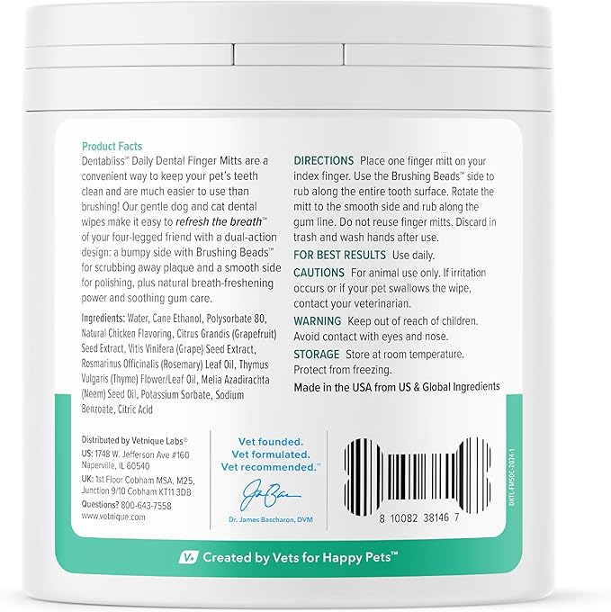 Vetnique Dentabliss - Dog Teeth Cleaning Finger Mitt Dental Wipe - Dog Plaque & Tartar Prevention with Brushing Beads - Flavored Dog Teeth Wipes, Dog Breath Freshener (Chicken)