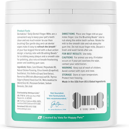 Vetnique Dentabliss - Dog Teeth Cleaning Finger Mitt Dental Wipe - Dog Plaque & Tartar Prevention with Brushing Beads - Flavored Dog Teeth Wipes, Dog Breath Freshener (Chicken)