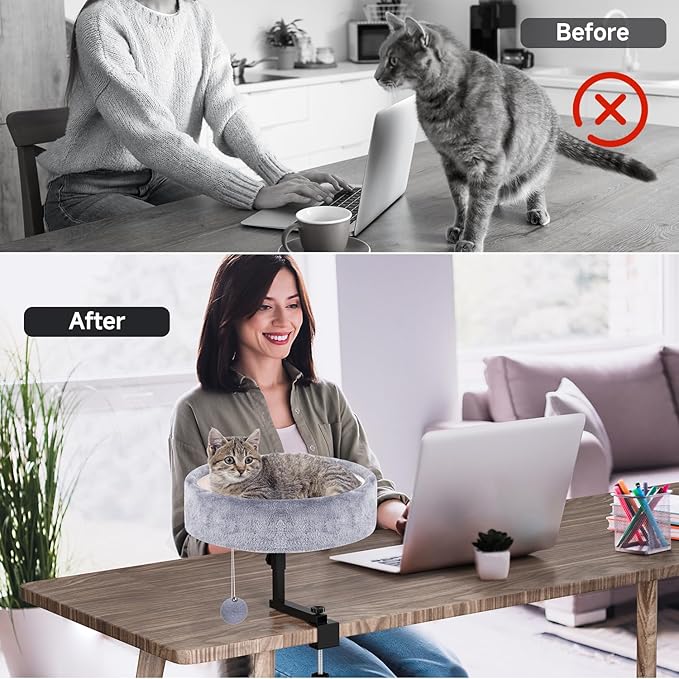Chumajor Cat Desk Bed - 360° Rotating & Adjustable, Supports 44 lbs, Soft Faux Fur with Dual-Sided Reversible Mat, Modern Indoor Cat Nest Furniture for Office Desks and Game Tables, Island Table