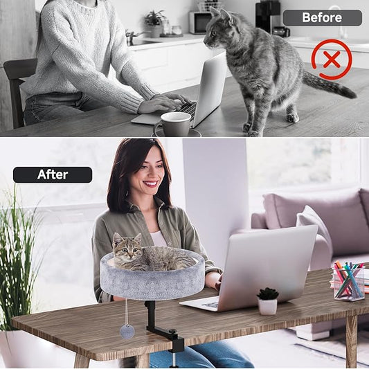 Chumajor Cat Desk Bed - 360° Rotating & Adjustable, Supports 44 lbs, Soft Faux Fur with Dual-Sided Reversible Mat, Modern Indoor Cat Nest Furniture for Office Desks and Game Tables, Island Table