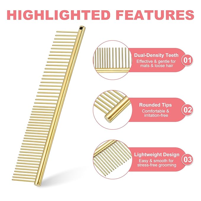 PETAXCELL Dog Cat Comb, Pet Combs Stainless Steel Teeth with Rounded Ends for Knots Mats Loose Hair Removal, 6.5IN (Gold Plated, 3 Pack), Grooming Tool Intended for Long Curly Hair Pet