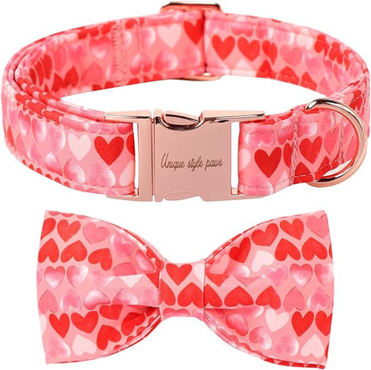 Unique Style Paws Valentine's Dog Collar with Bow Love Heart Cotton Puppy Collars Wedding for Small Medium Large Dogs