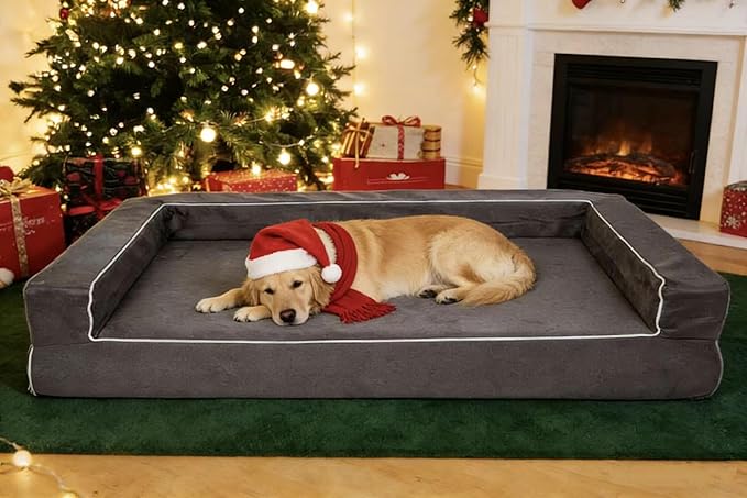 Mama halo Orthopedic Dog Bed with Memory Foam, Waterproof Liner, 3-Sided Bolster Design, Plush Gray, Machine Washable Cover, 34 x 22 Inches (Plush Gray, Medium)