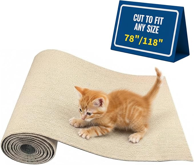 118Inch Cat Carpet Protector for Furniture Couch - Self Adhesive Cat Scratching Mat for Wall Door & Sofa - DIY Trimmable Scratcher Pad Material - Replacement Rug for Shelf Tree.