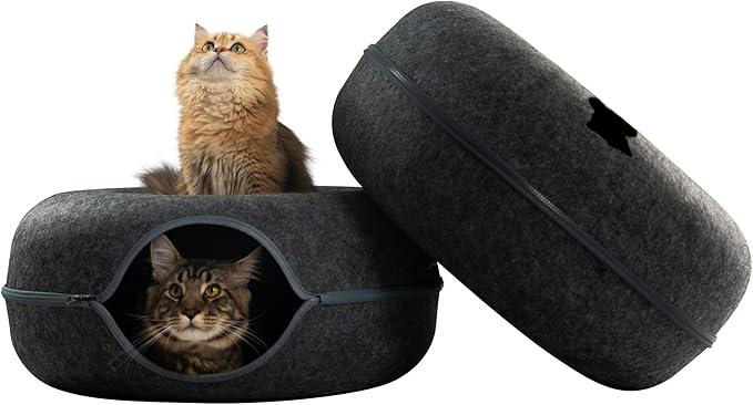 Cattasaurus Peekaboo Cat Cave Donut for Multiple & Large Cats up to 30-45 lbs, 3-in-1 Self Warming Cat Bed, Tunnel & Scratcher for Indoor Cats, Washable & Detachable (Dark Gray + Dark Gray, Large)