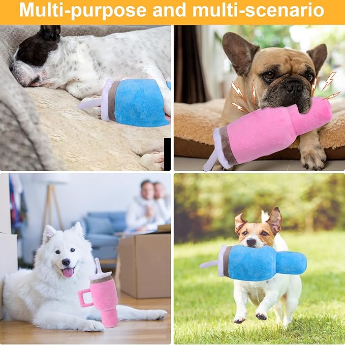 Mity Rain Funny Tumbler With Handle Cup Dog Toy - Cute Squeaky Interactive Fluff and Tuff for Small/Large/Medium Dogs (2 Pack, Blue+Pink)