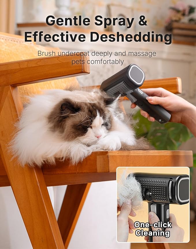 WOWOOF PET 5-in-1 Cat Hair Brush & Gromming Rakes, Cat Steam Comb for Long or Short Haired Indoor Cats, Dog Hair Spritz Comb for Deshedding and Untangling, Pet Brush for Dog Kitten Rabbit Massage