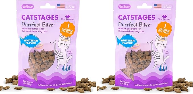 Catstages by Nina Ottosson Purrfect Bitez Natural Crunchy Cat Treats for Puzzles, Toys, Feeders, & Training, USA-Made, Real Whitefish Flavor, 4oz (Pack of 2)