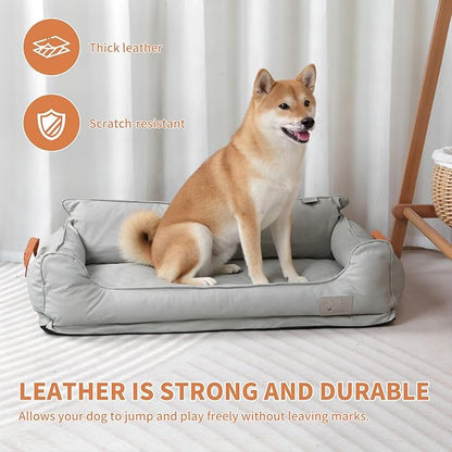 Removable Orthopedic Dog Beds for Large Dogs, Leather Memory Foam Dog Sofa Bed, Waterproof Durable Dogs Bed Couch with Non Skid Bottom for All Pet Sizes (Silver Gray, Large)