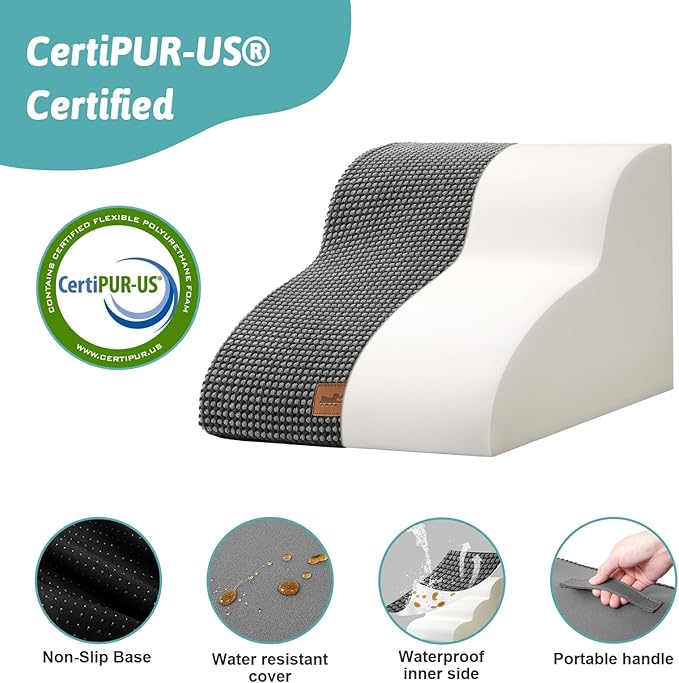 Dog Stairs for Small Dog, Pet Step with Leakproof Cover, High Density Foam Cat Ramp for Chair or Sofa, Lightweight, Durable, Comfort, 15.7x19.7x11.8 inch, 2 Step, Charcoal Grey