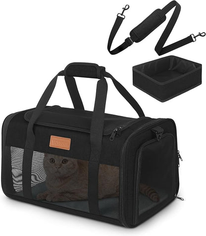 PETUX Airline Approved Pet Carrier - 17x11x9.5 in, Underseat, Top & Side Entry, Soft Sided Cat Dog Carrier for Small Cat & Dog Up to 12 lbs with Anti-Scratch Mesh & Litter Box for Travel & Vet - Black