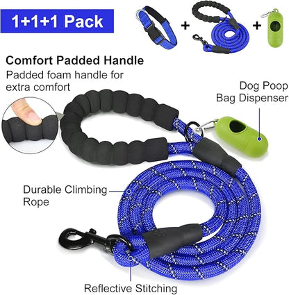 Dynmeow Reflective Dog Collar and Leash Set, 6FT Strong Climbing Rope Leash with Padded Handle, Adjustable Pet Collar with Soft Neoprene Padding for Puppy Small Dogs, Navy-Blue, Xs