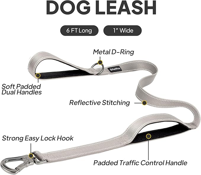 PetiFine 6FT Heavy Duty Dog Leash with Soft Padded Double Handle, Durable Strong Clasp Dog Leashes, Reflective Nylon Walking Lead for Large,Medium,Small Breed Dogs, Grey