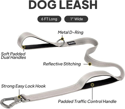 PetiFine 6FT Heavy Duty Dog Leash with Soft Padded Double Handle, Durable Strong Clasp Dog Leashes, Reflective Nylon Walking Lead for Large,Medium,Small Breed Dogs, Grey