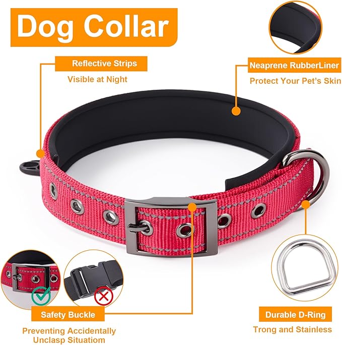 Annchwool No Pull Dog Harness,Heavy Duty Reflective Collar & Leash Set-Leash with Double Handle & Car Seatbelt Clip-Easy Control for Walking Training Medium Large Size Dogs(Red,L)