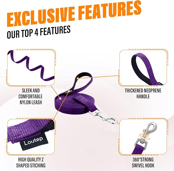 Dog Training Leash - Long Line for Recall & Obedience, Nylon Training Lead with Padded Handle, 15 ft / 20 ft / 30 ft / 50 ft / 100 ft - Long Leash for Dogs Outside, Small/Medium/Large
