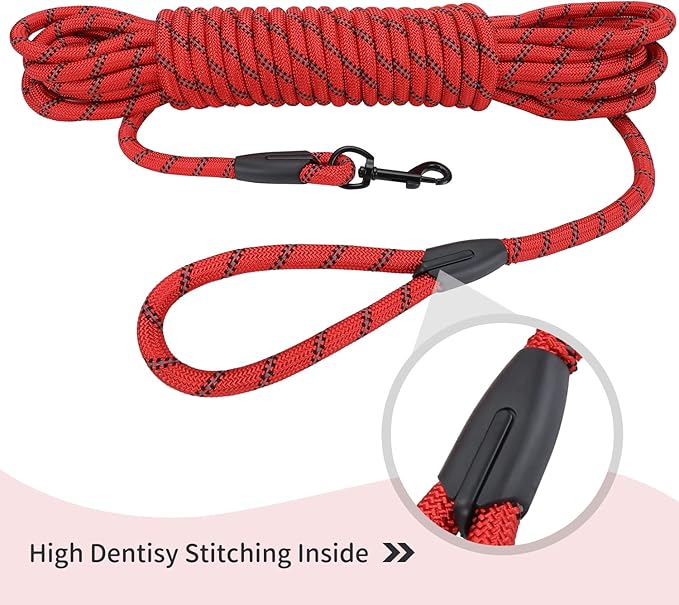Long Dog Leash for Training 30Ft-Reflective Nylon Rope with Swivel Hook-Recall Agility Lead for Large Small Medium Dogs Outside Walking Hiking-Red Diam 1/2"
