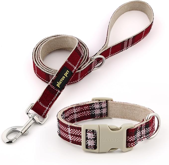 Plutus Pet Cotton Hemp Dog Collar and Leash Set, Adjustable Collar for Small, Medium, and Large Dogs, Heavy Duty and Soft on Skin, Red Plaid, M