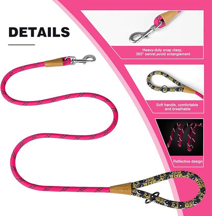 lynxking Rope Dog Leash 6 FT with Comfortable Padded Handle, Highly Reflective Threads Leash for Small Medium Large Dogs (Pink, 2PCS Large 1/2in x 6ft-Rope Clasp)