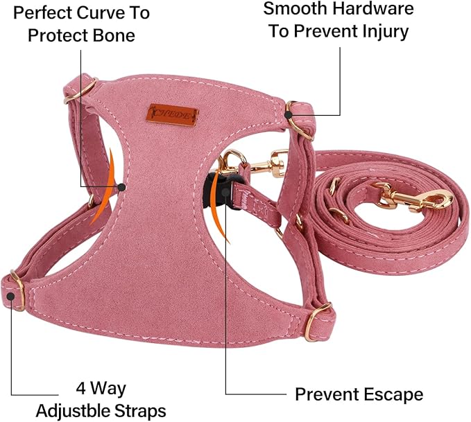 CHEDE No Pull Puppy Harness and Multifunction Dog Leash Set- 8 Colors Soft Adjustable No Choke Escape Proof Cute,Lightweight Pet Vest Harness for Small and Medium Dog (S, Antique Pink)