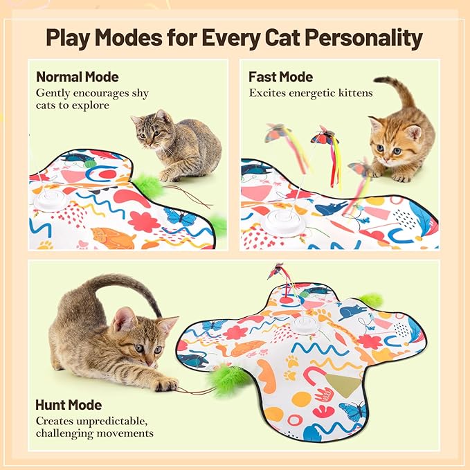 Interactive Cat Toys, Automatic Hide and Seek Cat Toys for Indoor Cats with 4 Lifelike Sounds, Touch Activated, Motorized Wand Feather, and Moving Butterfly for Bored Adult Kitten Cats
